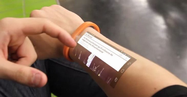 Cicret Bracelet - The bracelet has a projector called Pico Projector which  displays the user's phone screen on his wrist through projection. It also  has eight proximity sensors, which make it possible